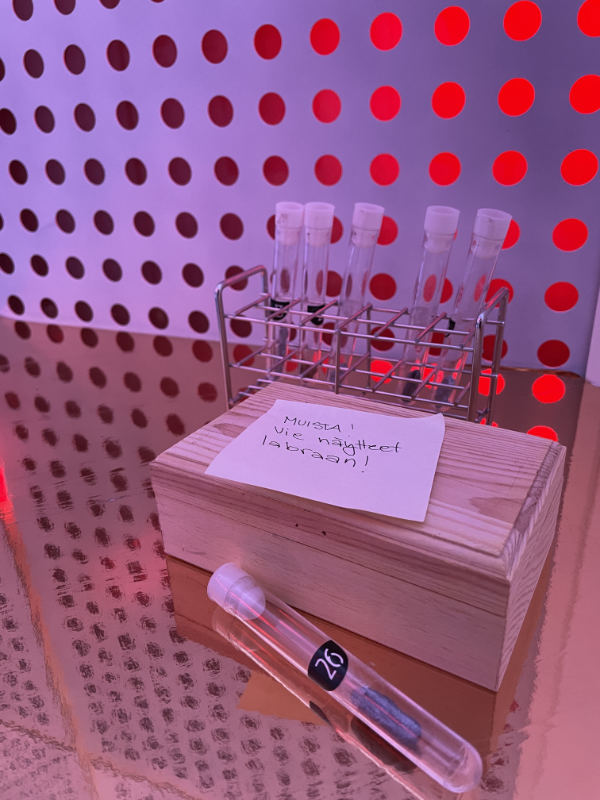Kiiltävällä pöydällä on puinen laatikko, koeputki sekä teline, jossa on pystyssä viisi koeputkea. Puisen laatikon päälle on liimattu post-it-lappu, jossa lukee käsinkirjoitettu "Muista vielä näytteet labraan!". Pöytä on kiiltävä ja kuparisävyinen. Taustan seinä on sinertävää metallia, jossa on reikiä ja takaa loistaa punaista valoa, joka heijastuu pöydästä.