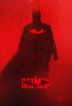 Kuvassa on The Batman elokuvan juliste, jossa Batman seisoo punaista taustaa vasten.